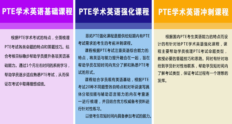 思拓PTE学术英语培训班开设有PTE学术英语基础课程、PTE学术英语强化课程、PTE学术英语冲刺课程