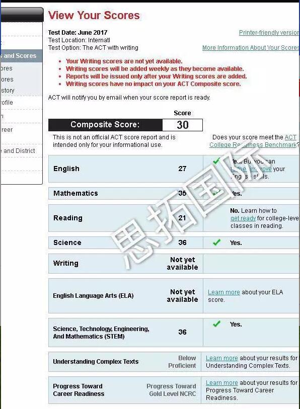 【ACT成绩查询】成都ACT培训机构思拓国际学员2017年6月ACT考试成绩分数已出