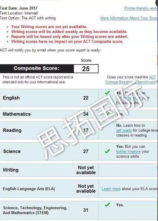 【ACT成绩查询】成都ACT培训机构思拓国际学员2017年6月ACT考试成绩分数已出