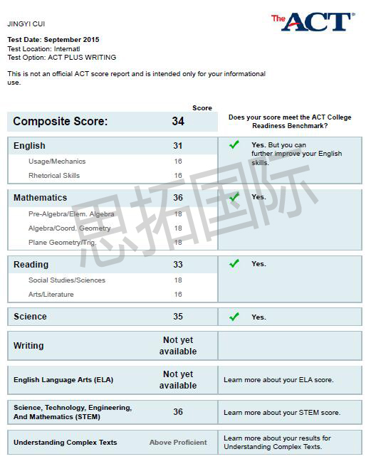 成都ACT培训机构思拓国际学员崔J仪act成绩