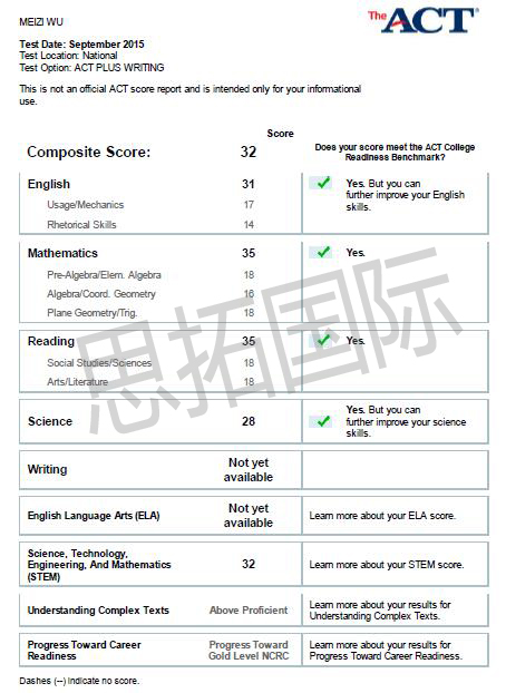 成都ACT培训机构思拓国际学员巫M姿act成绩