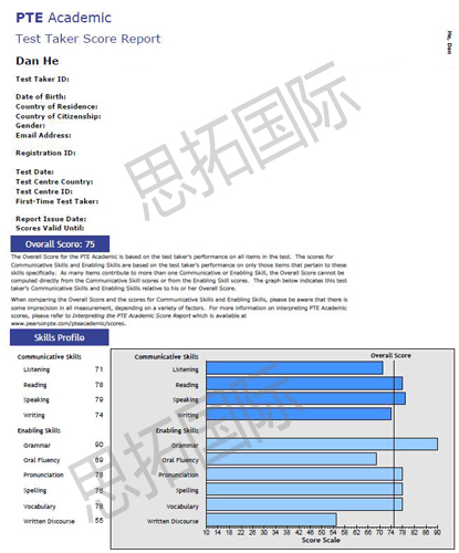 成都PTE培训机构思拓国际学员贺同学pte成绩