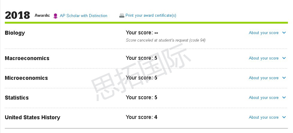 思拓国际AP课程培训班学员李X辰AP课程考试成绩